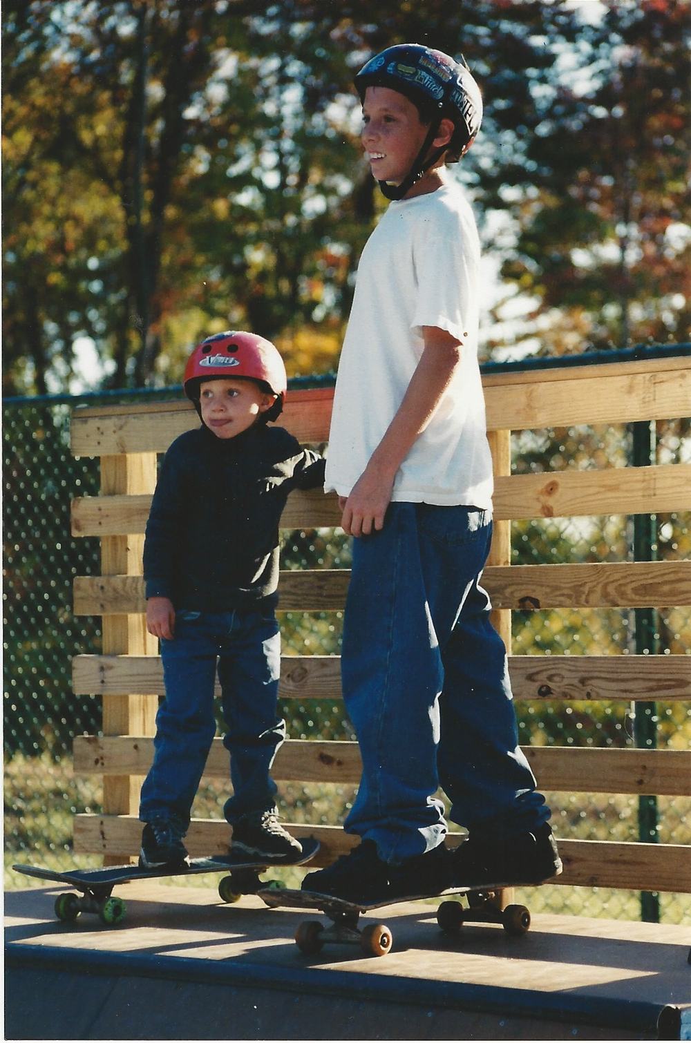 Austin and Kyle on their skateboards, 2001